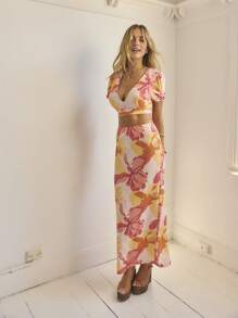 Aralina 花卉印花高腰直筒长裙度假装夏季春季波西米亚风裙子 - 西瓜粉 - 查看 4