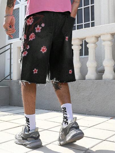 Street Life Men's Floral Embroidery Loose Fit Denim Shorts Jorts