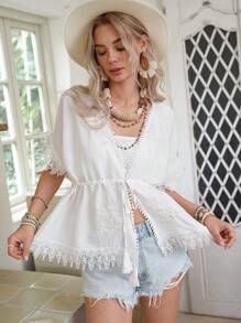 LanaWest Damen Boho Besticktes Blumenspitze Patchwork Vorderschleife Bluse - Weiss - Übersicht 4