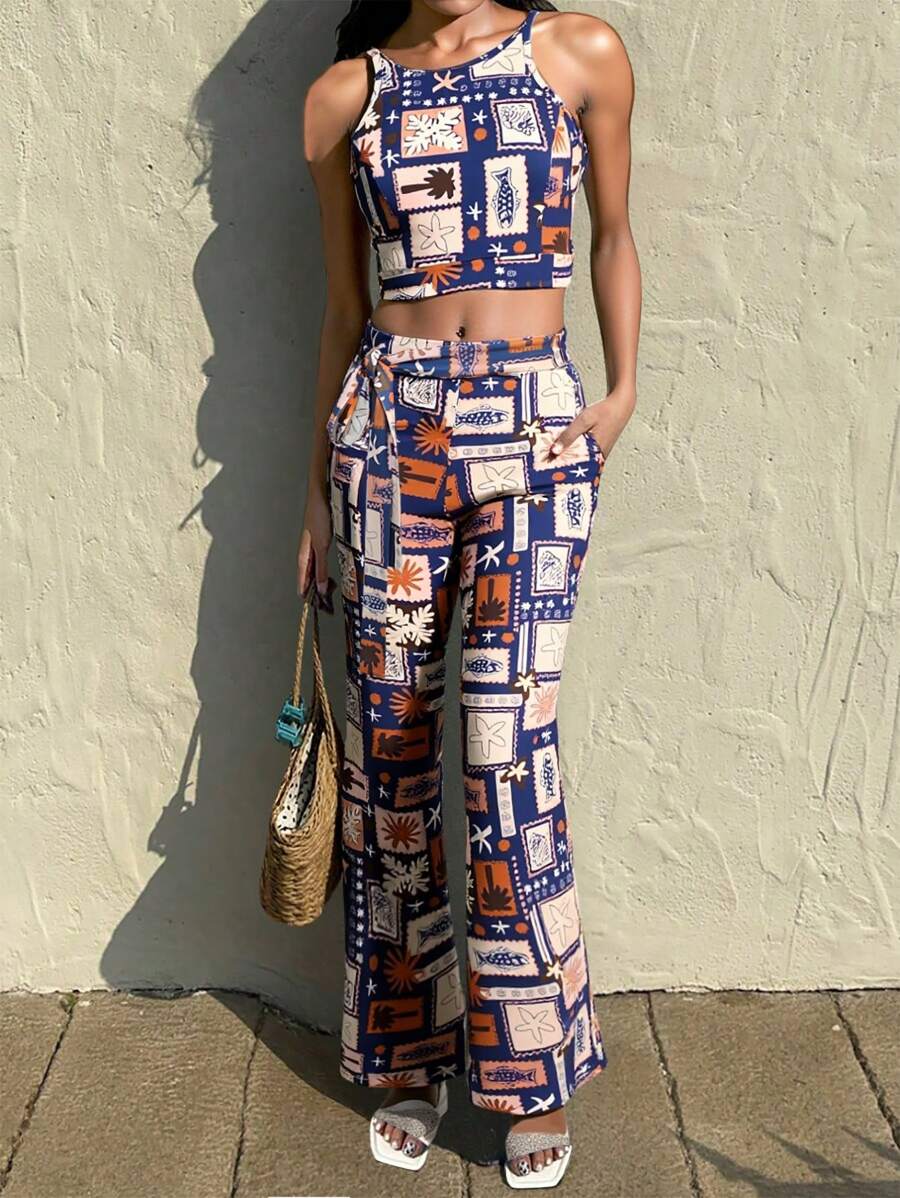 INAWLY 2pcs/Set Vacation Casual & Versatile Women Tank Top And Belted Pants - Multicolor - View 1