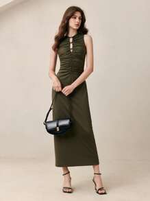 BizChic Women's Autumn Metal Buckle Pleated Off-Shoulder Knit Sleeveless Dress, Urban Commute Business Casual Office Wear, Elegant Party Evening Dress - Dark Green - View 6