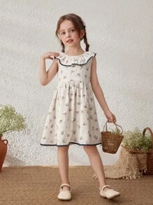 Blossori Young Girls' French Apricot Ditsy Floral Ruffle Collar Sleeveless Dress - Multicolor - View 5