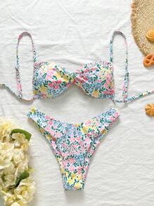 Swim Mod Springbreak Women's Random Print Spaghetti Strap Twist Detail Sexy High Cut Bikini Swimsuit Sets, Summer Beachwear - Multicolor - View 1