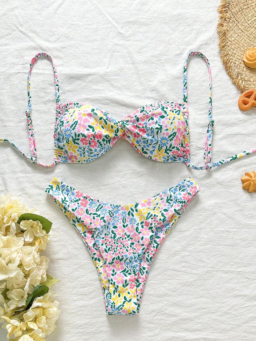 Swim Mod Springbreak Women's Random Print Spaghetti Strap Twist Detail Sexy High Cut Bikini Swimsuit Sets, Summer Beachwear - Multicolor - View 1