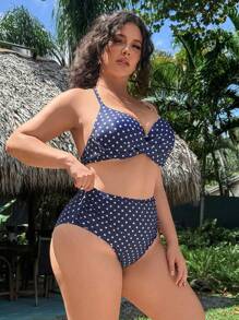 Swim Mod 大码女式蓝白波点聚拢钢托比基尼套装，时尚休闲假日比基尼套装 - 藍色 - 查看 3