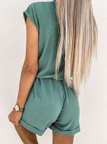 INAWLY Casual Elegant Commute & Holiday Wide V-Neck Elastic Waist Ripple Fabric Sleeveless Women Rompers, Spring/Summer - Green - View 2