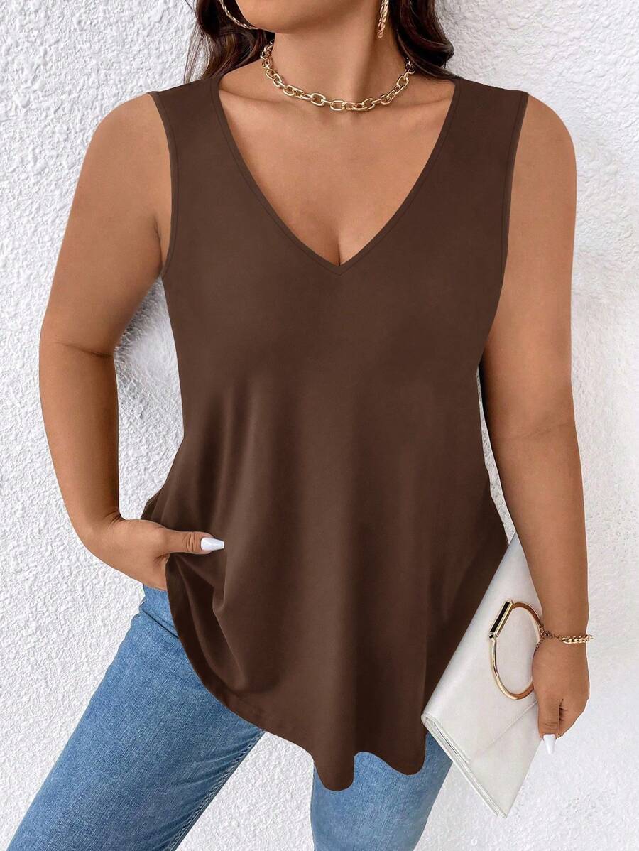 EMERY ROSE Plus Size Summer Casual Solid Color Curved Hem Tank Top
