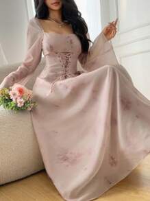 DAZY 女式系腰长袖中长连衣裙，秋季连衣裙 - 杏色 - 查看 6