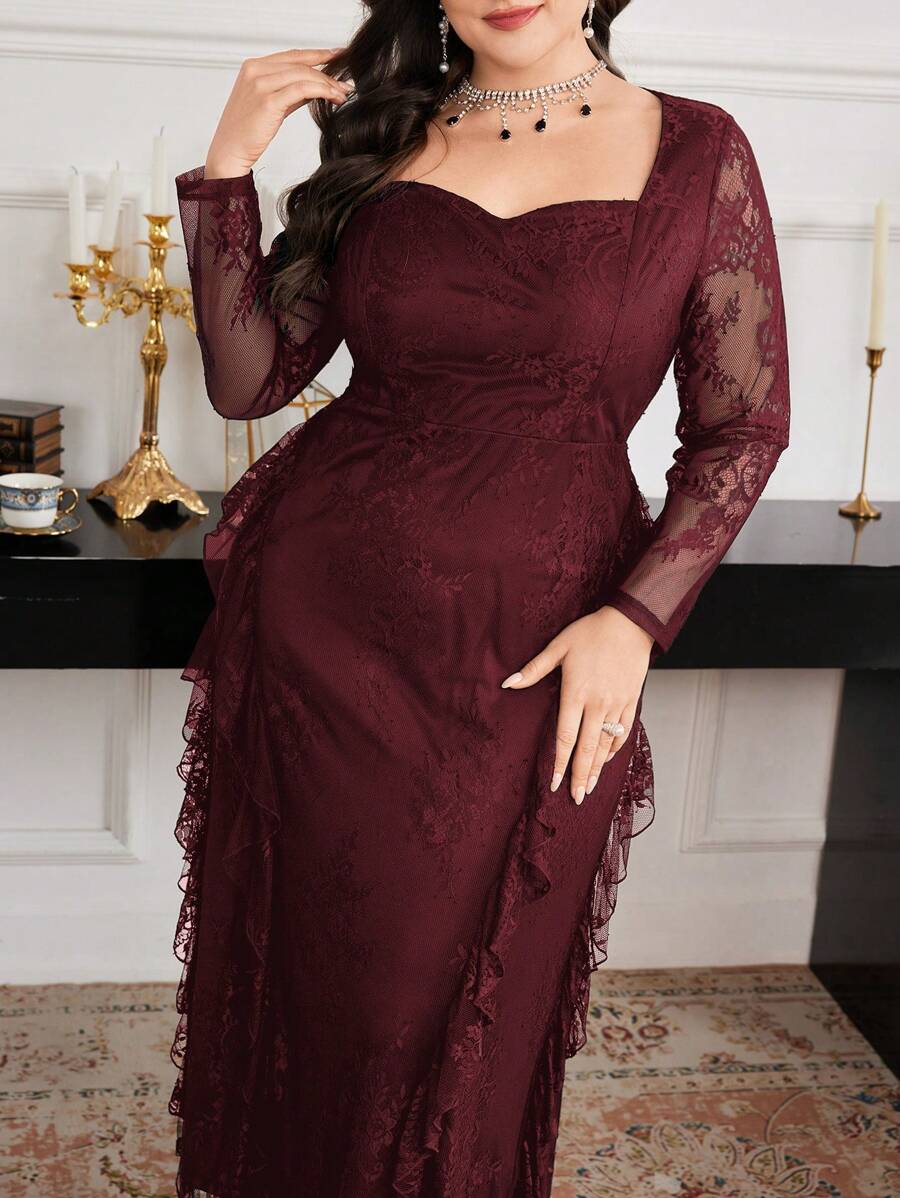 Modelyn 大码女式碎花蕾丝甜心领长袖荷叶边下摆优雅连衣裙 - 酒紅色 - 查看 1
