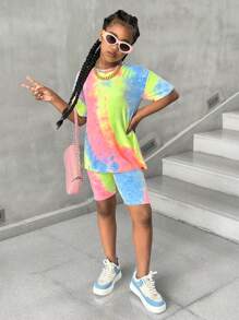 SHEIN Tween Girls Tie-Dye Print Oversized T-Shirt And Biker Shorts 2 Pieces Set, Casual Comfortable Matching Outfits, Mommy And Me Style (2 Sets Sold Separately)