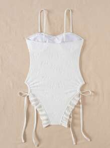 DAZY Women's Solid Color Shirred Drawstring Spaghetti Strap Beach Vacation One Piece Swimsuit, Summer - White - View 7