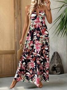 INAWLY Abito lungo da donna con stampa floreale, per vacanze casual, collo alla francese con fiocco in vita