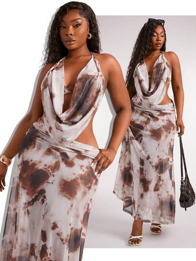 SHEIN SXY Conjunto de 2 piezas para mujer talla grande con estampado de teñido anudado, con cuello profundo drapeado, espalda descubierta, detalles de correas, top halter de malla de flujo largo y falda maxi con abertura alta, adecuado para uso diario, festivales de música, conciertos, fiestas de carnaval, vacaciones en la playa, citas, cumpleaños