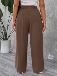 SHEIN PETITE CURVE 小码加大码女式纯色褶皱夏季长裤，商务休闲女装，适合度假、教师等场合。 - 棕色 - 查看 2