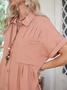 LanaWest Strukturiertes, locker sitzendes Hemdblusenkleid mit Einreiher, Doppeltaschen und Falten