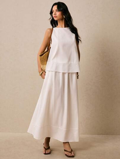 Poéselle Old Money 亚麻宽松白色无袖上衣和长裙套装 - 女士夏季亚麻简约两件套，Old Money 风格，夏季亚麻搭配套装，白色亚麻半裙套装，女士度假装，飘逸长裙套装，优雅休闲套装