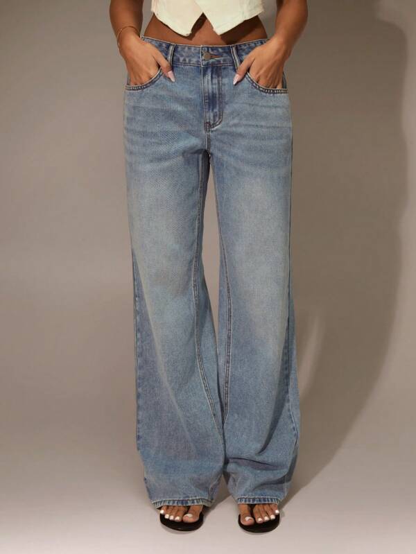 SHEIN Forever 21 Nuovi jeans casual da donna a vita bassa, dritti, a gamba larga, di colore chiaro, adatti per il commuting estivo