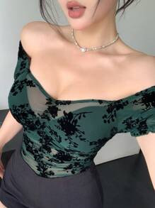 DAZY Women Ruched Square Neck Floral Print Short Sleeve Top Cute Tops Going Out Tops - Green - View 3