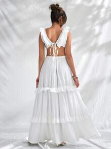 CLARA VERO Elegant Ruffle Trimmed Maxi Dress With Deep V-Neck, Tiered Flowing Silhouette, And Open-Back Lace-Up Detail – A Dreamy Statement Piece For Sophisticated And Romantic Summer Occasions - White - View 2