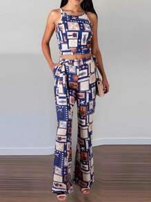 INAWLY 2pcs/Set Vacation Casual & Versatile Women Tank Top And Belted Pants - Multicolor - View 4