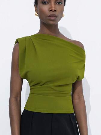 Aveloria Modichic Blouse de femme élégante pour les déplacements, à design asymétrique à l'épaule, avec des manches courtes bouffantes et une taille froncée, dans le style vintage raffiné