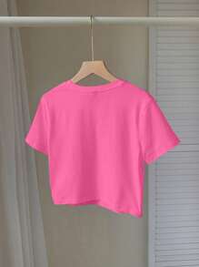SHEIN EZwear 休闲短款玫红色圆领短袖修身女式T恤，适合春秋季 - 玫紅色 - 查看 2