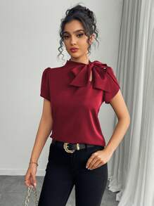 Rafferiza 女式休闲百搭纯色领带蝴蝶结喇叭袖衬衫，春夏 - 紅色 - 查看 3