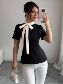 Elenzga Blusa sólida elegante de dama con decoración de lazo de satén, cuello redondo, mangas cortas, cintura con cordones y espalda con hebilla para mujer elegante, de moda, ideal para vacaciones y uso diario