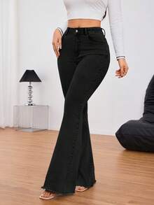 SHEIN Tall 女式休闲水洗修身喇叭牛仔裤 - 黑色 - 查看 6