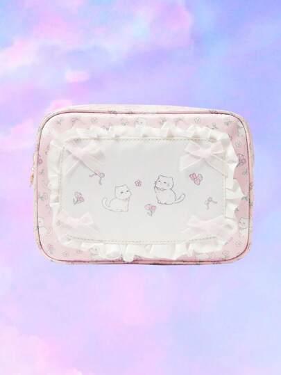 Kawaii Cute White Cat, Bow & Small Flower Pattern Large Capacity Portable Window Lace Cosmetic Bag For Women, Item No. 999058