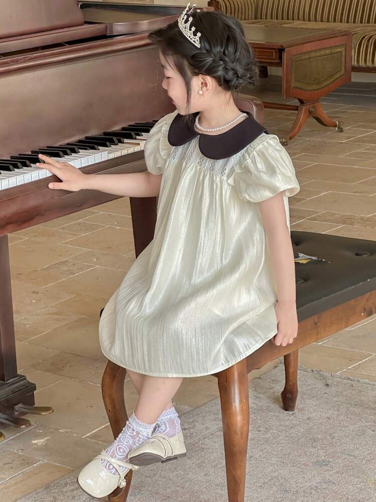 Young Girls Color Block Collar Bubble Short Sleeve Casual Dress,Girls Summer Outfits