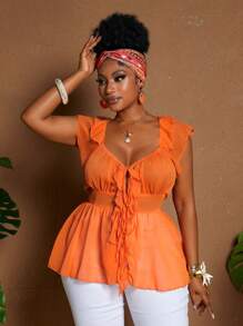 Maweii 大码性感蝴蝶结雪纺衬衫，休闲外出度假上衣 - 亮橙色 - 查看 1
