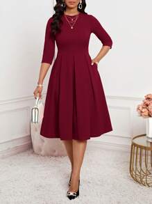 SHEIN Lady 春夏秋冬优雅办公室派对新年女士连衣裙 - 酒紅色 - 查看 4