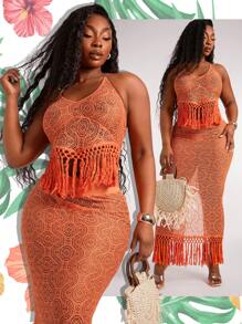SHEIN SXY Einfarbiges 2 Stücke Set für Damen Große Größen, gehäkeltes Boho-Camisole und Rock mit Fransen aus transparentem Stoff im Patchwork-Stil, geeignet für den Alltag, Musikfestivals, Konzerte, Karnevalspartys, Strandurlaube, Verabredungen, Geburtstage, Junggesellinnenabschiede, Clubs, süß, lässig, Shopping, Streetwear, Ausgehen, einfach zu kombinieren und sieht schlank aus, betont Ihren Körper, schmeichelt der Figur - Orange - Übersicht 9