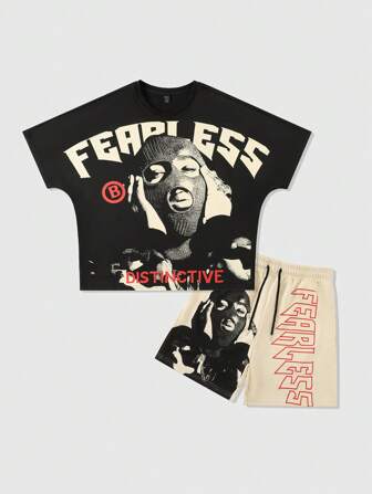 Ensemble T-shirt et short avec imprimé de personnage et lettre pour homme