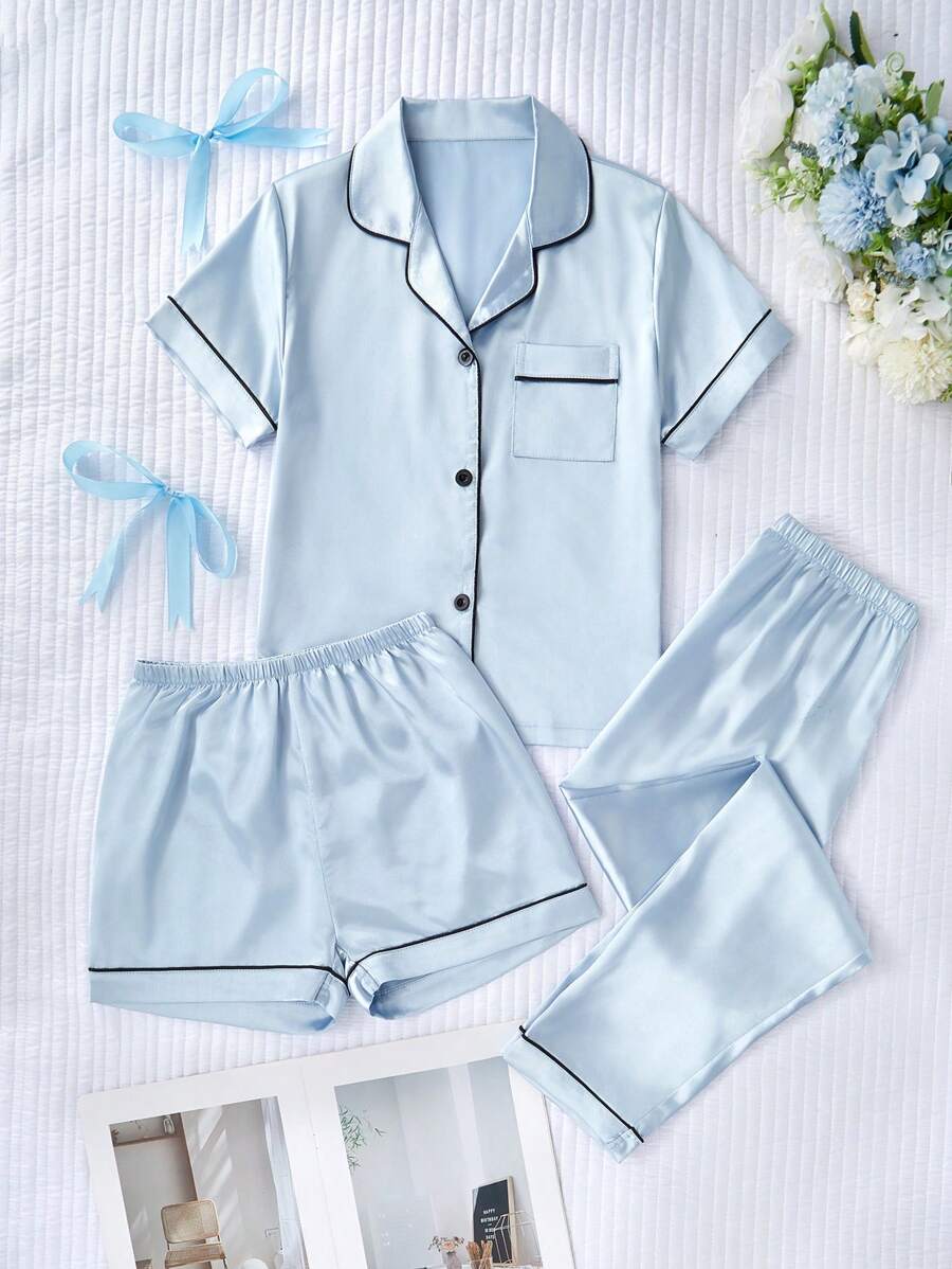 SHEIN 女童 3 件組睡衣套裝:純色皺褶布料長褲、短褲與短袖 V 領上衣,適合大齡前青春期女孩的休閒睡衣 - 藍色 - 查看 1