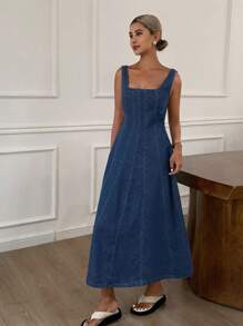 Livesso Vestido de verano informal de mujer de línea A de jean de unicolor
