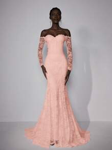 Elitara Women's Elegant Romantic Lace Off Shoulder Long Sleeve Floral Splice Decor Fish Tail Hem Splice Triangular Slit Backless U-Shape Backless Big Draped Maxi Dress For Wedding Events, Bride - Coral Pink - View 3