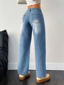 SHEIN PETITE Women's Casual Washed Low-Waist Straight-Leg Jeans