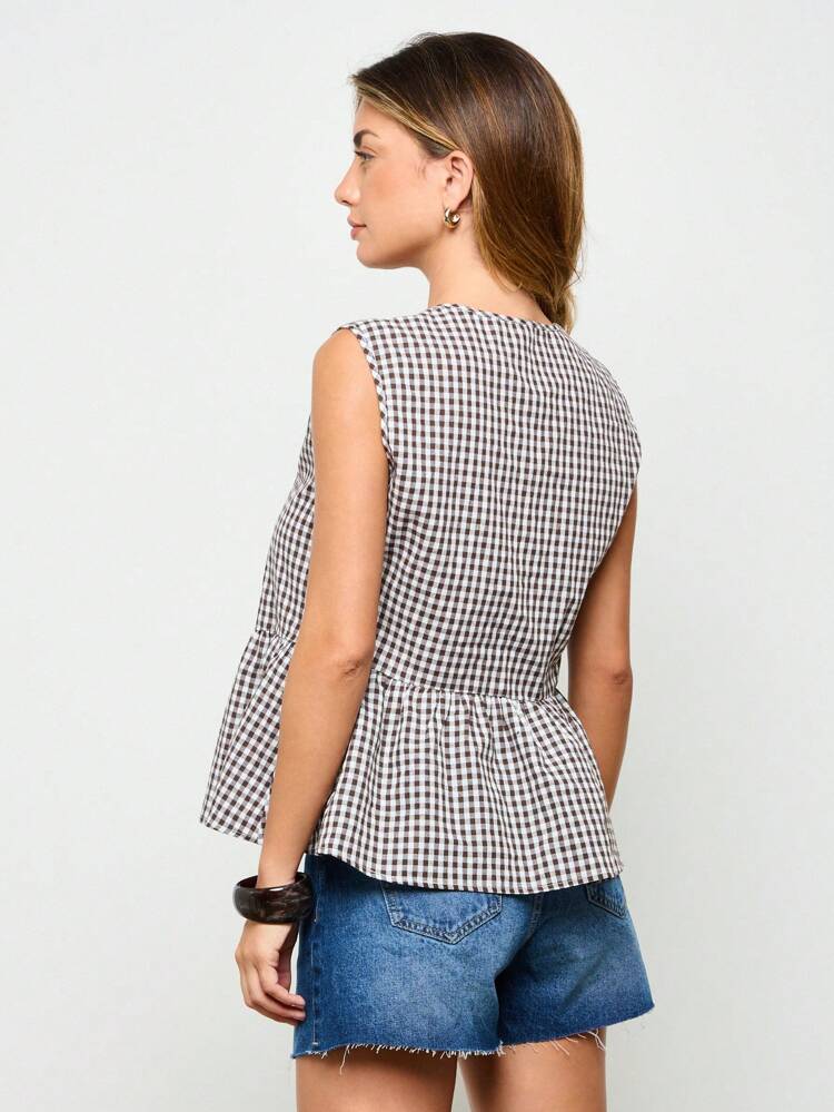 Gingham Double Bow Front Babydoll Blouse