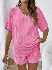 SHEIN Lässiges Kurzarm V-Ausschnitt Set mit verstellbarer Taille, lose Umstandsmode 2 Stücke - Korallenrosa - Übersicht 3