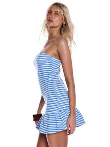 MUSERA 丝绒条纹修身抹胸荷叶边连衣裙，适合夏季度假海滩派对、伊比沙岛锐舞节、秋季休闲日常晚宴等场合。 - 藍白色 - 查看 2