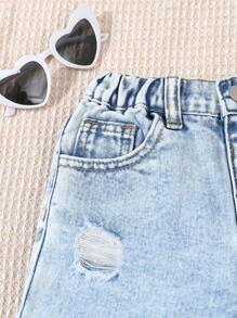 SHEIN Baby Girl' Fashion Versatile Distressed Denim Shorts - Light Wash - View 3