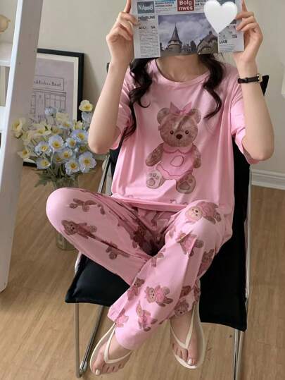 SHEIN 2pcs Girls Pajamas Set - Panda Print Short Sleeve Top And Floral Print Pants, Comfortable Casual Homewear Suitable For All Seasons, Mommy And Me Matching Outfits (1 Set Sold Separately)