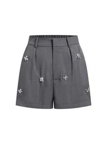 Gownix Women's Dark Gray Solid Color Rhinestone Embellished Fitted Elegant Daily/Party Shorts With Pockets - Grey - View 2