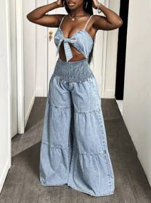 Slaydiva Macacão Denim de Cintura Elástica, Estilo de Férias Feminino