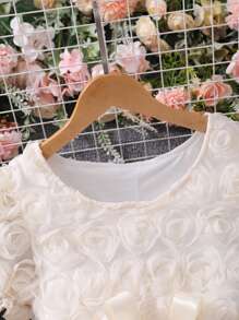 Elegant Girls Solid Color Puff Sleeve 3D Flower Decor Dress With Belt, Summer - Apricot - View 8