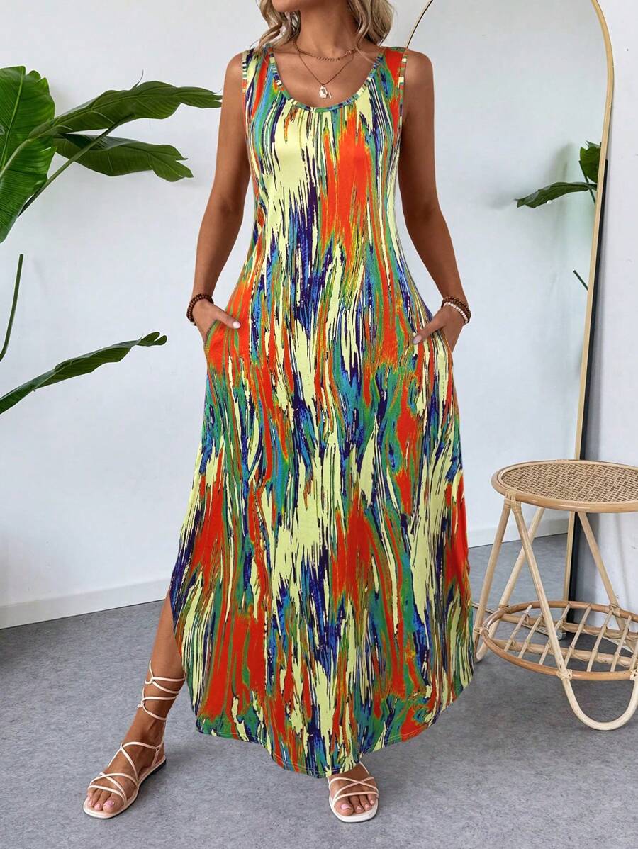 EMERY ROSE Women's Summer Vacation Fully Allover Print Slit Loose Sleeveless Dress - Yellow - View 1