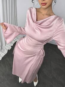 Modelyn Women Satin Long Sleeve Solid Color Drawstring Elegant Dress - Pink - View 1