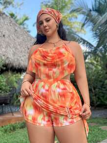 SHEIN Swim Curve Plus Size 3 Pcs Ruffled Tie-Dye Swimsuit Set